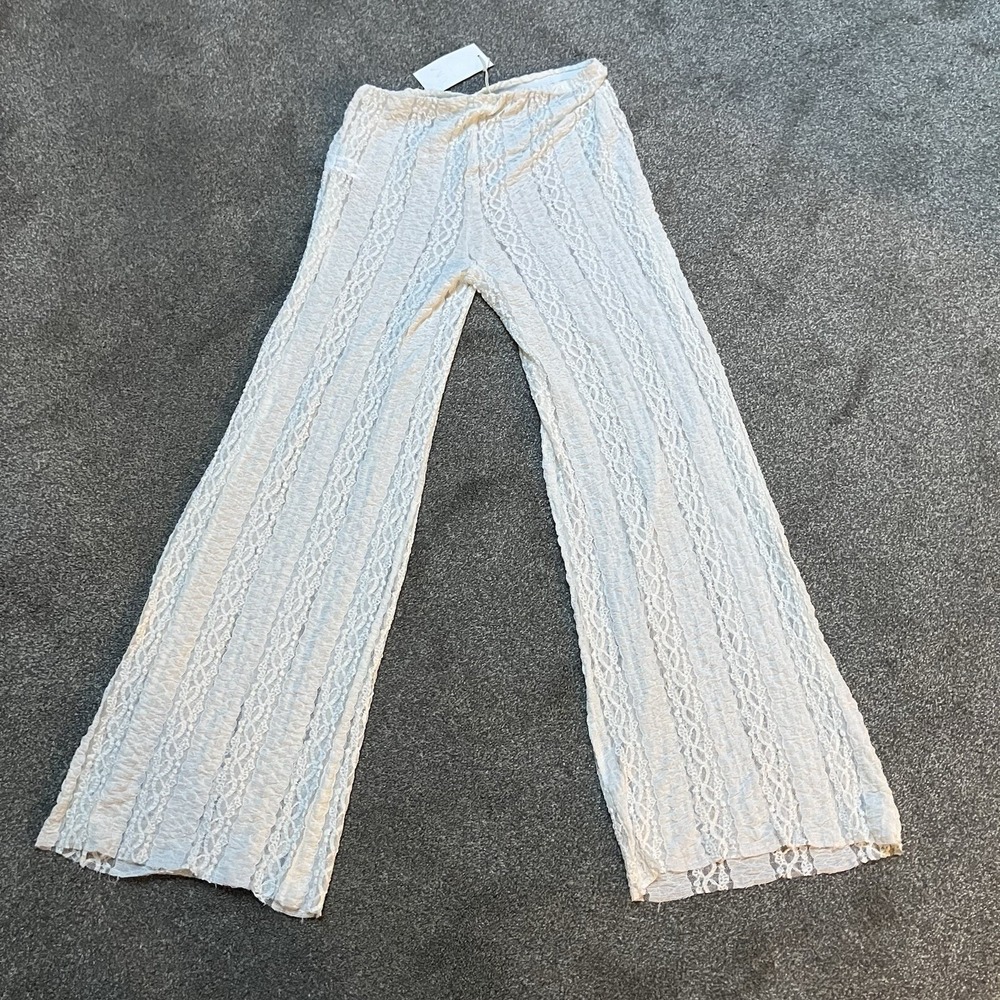 NWT ZARA Sz Large Lace Pants Ivory Semi Sheer Beach Festival Boho Wide Leg Tall‎